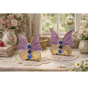 Vintage stain glass Silken Wings porcelain butterfly ornaments decor cottagecore